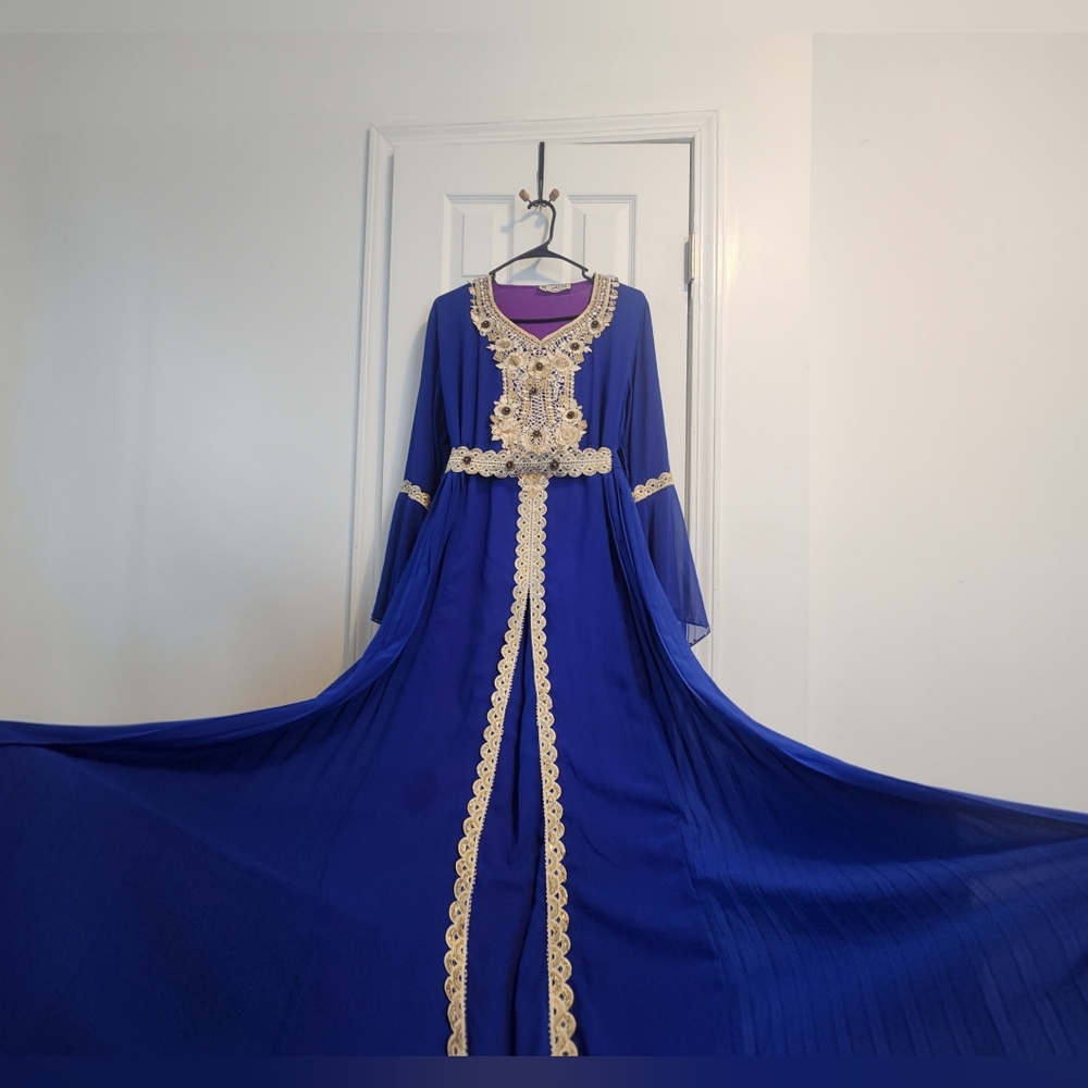 Royal blue and gold Moroccan kaftan dress with bell sleeves